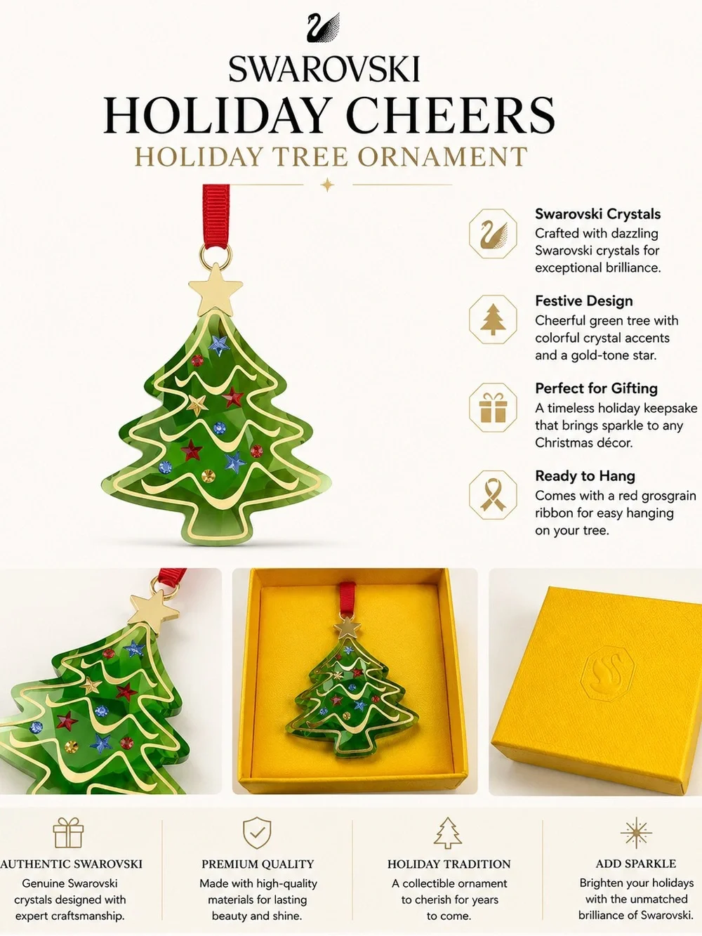 Swarovski Green Tree Ornament with Gold Star and Multicolor Accents